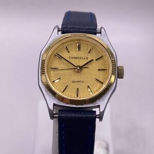 Caravelle By Bulova Womens Two Tone Quartz Watch Blue Calf Band Works New Batter